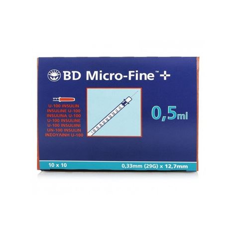 BD u100 0.5ml Syringe and Needle 29G x 12.7mm Box 100